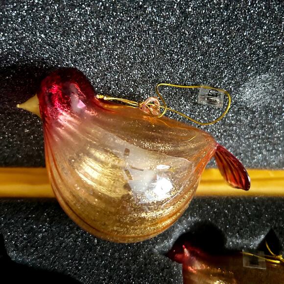 Handblown Art Glass Red & Gold Bird Holiday Ornaments Spun Glass 4.5" Set of 6 - Picture 6 of 7